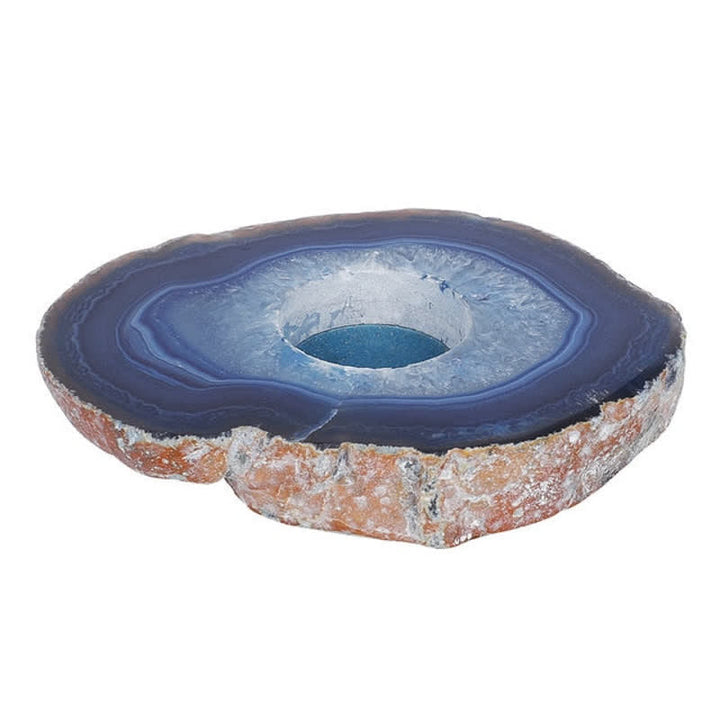Portacandele a fetta di agata blu naturale