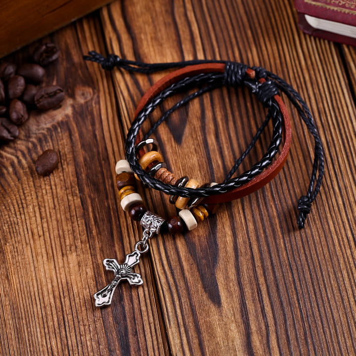 Olivenorma Bracciale da uomo in pelle intrecciata con ciondolo a forma di stella a croce