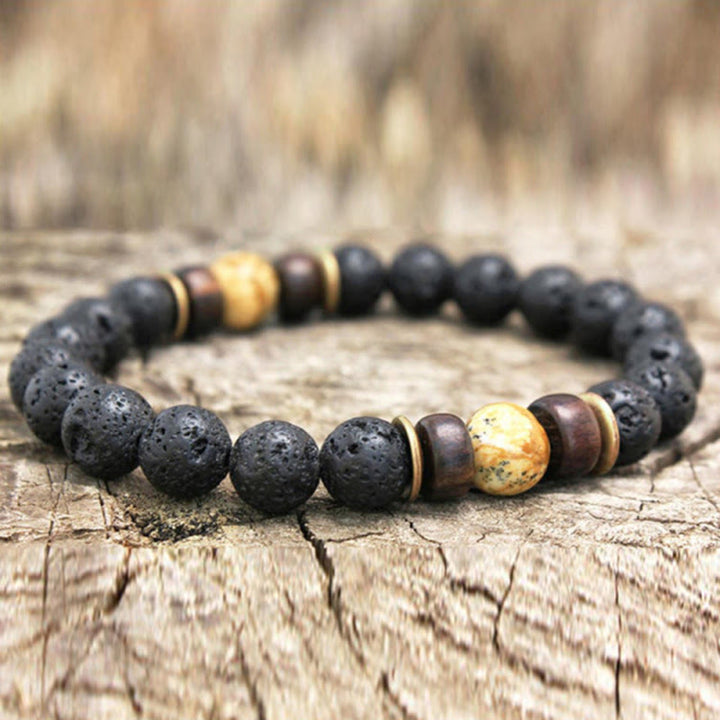 Olivenorma Bracciale da uomo in pietra naturale con perline di legno da 8 mm