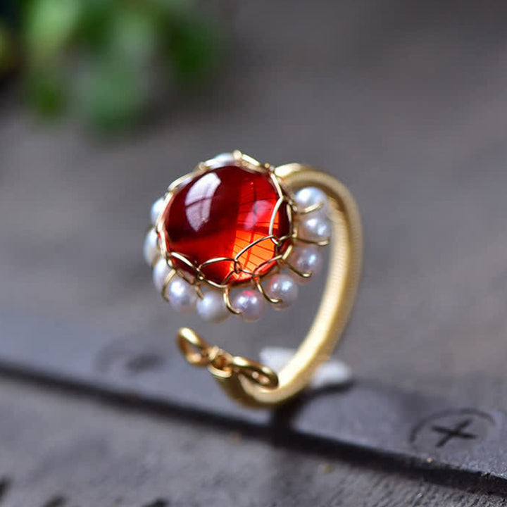 Anello di guarigione in quarzo rosso con perla
