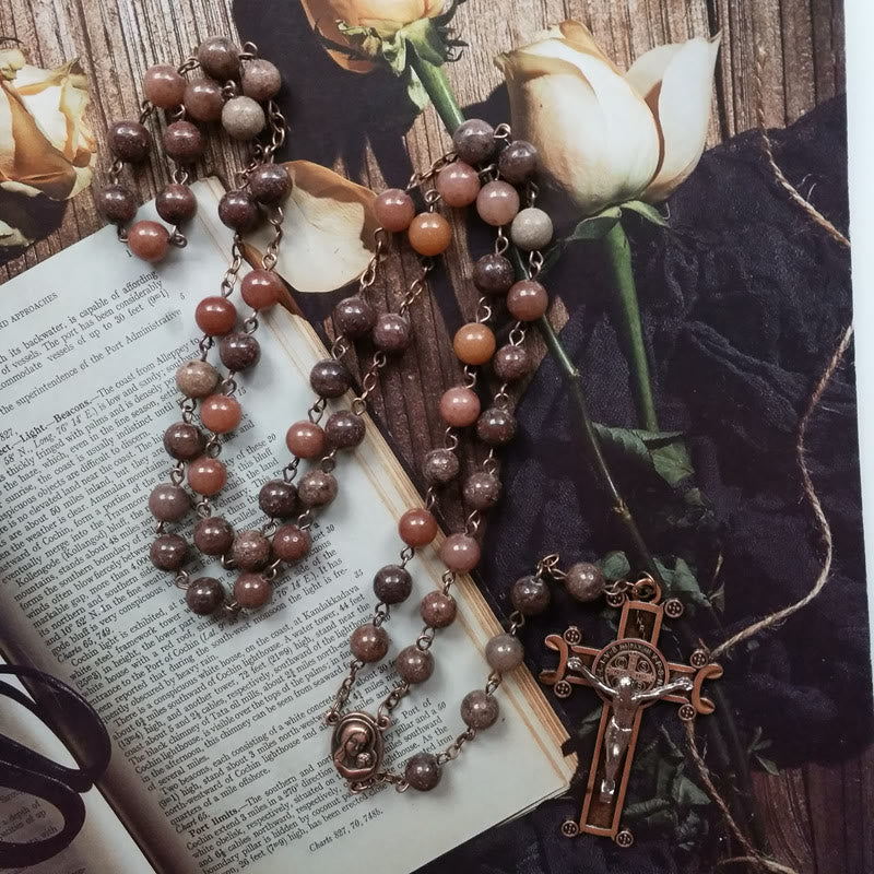 Collana rosario con ciondolo a croce in rame e avventurina viola Olivenorma