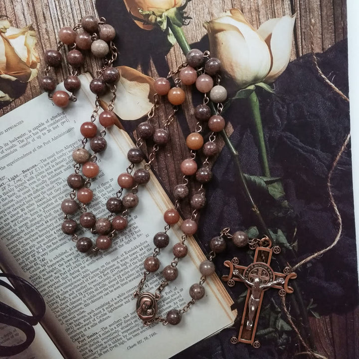 Collana rosario con ciondolo a croce in rame e avventurina viola Olivenorma