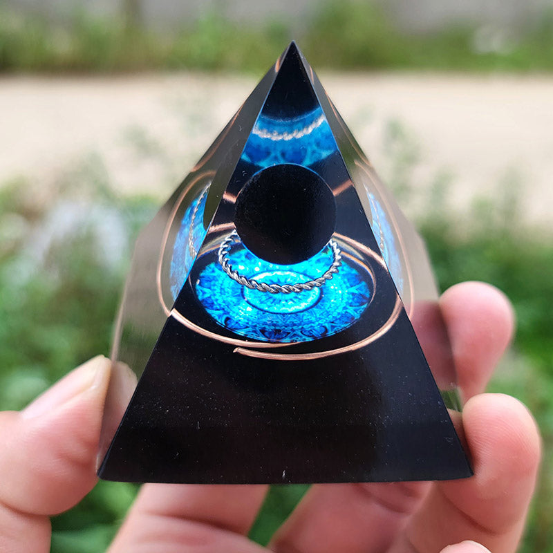Piramide energetica di orgone a sfera di ossidiana Olivenorma 
