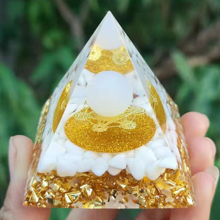 Olivenorma Agata bianca Quarzo ialino Cubo di Metatron Simbolo Piramide di Orgone