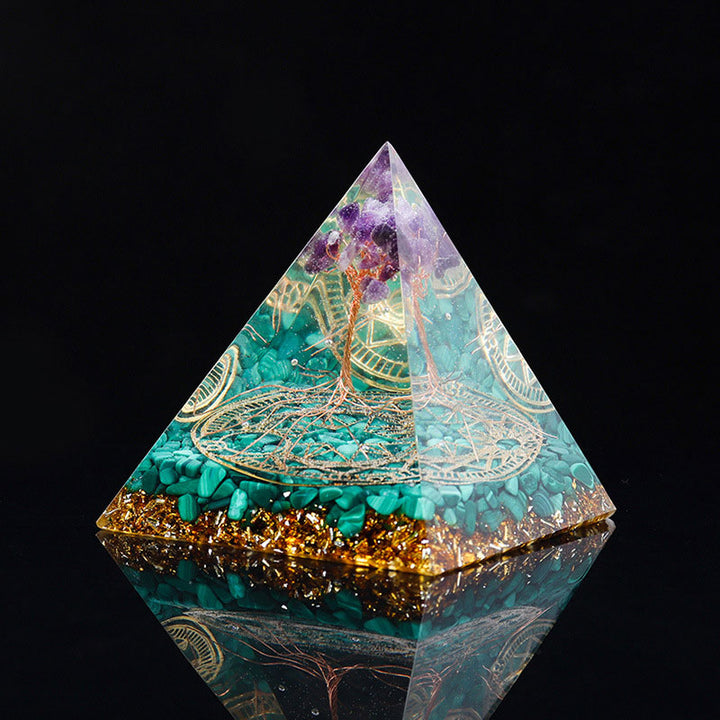 Piramide di orgone in malachite e ametista Olivenorma