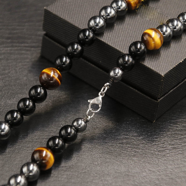 Collana di perle di ematite, occhio di tigre, ossidiana e cristallo curativo Olivenorma