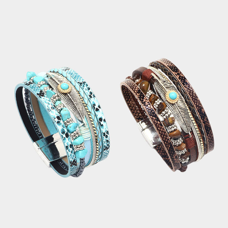 Olivenorma Bracciale in pelle multistrato turchese vintage marrone 