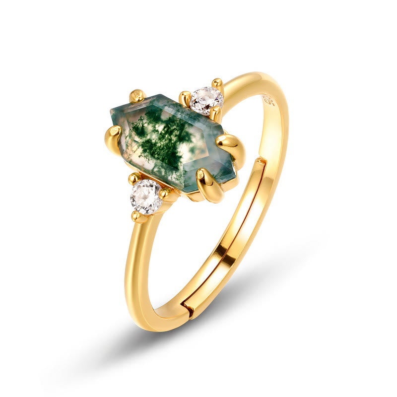 Anello regolabile Olivenorma S925 con agata muschiata esagonale e zircone bianco 