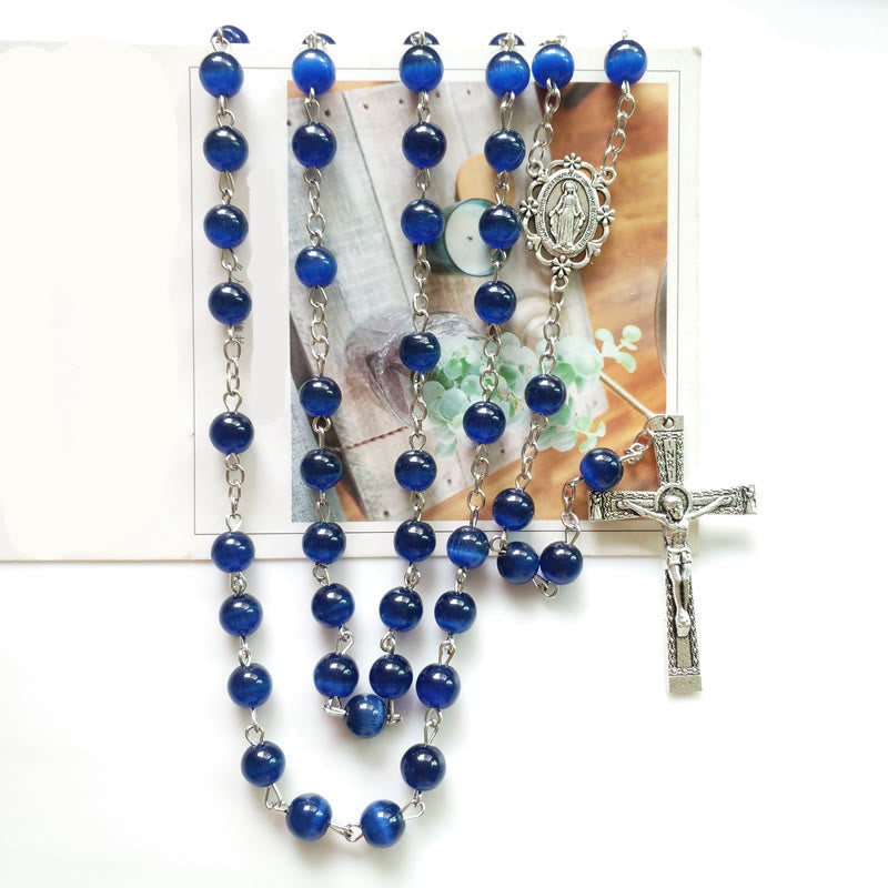 Collana rosario Olivenorma con croce in pietra blu occhio di gatto da 8 mm 