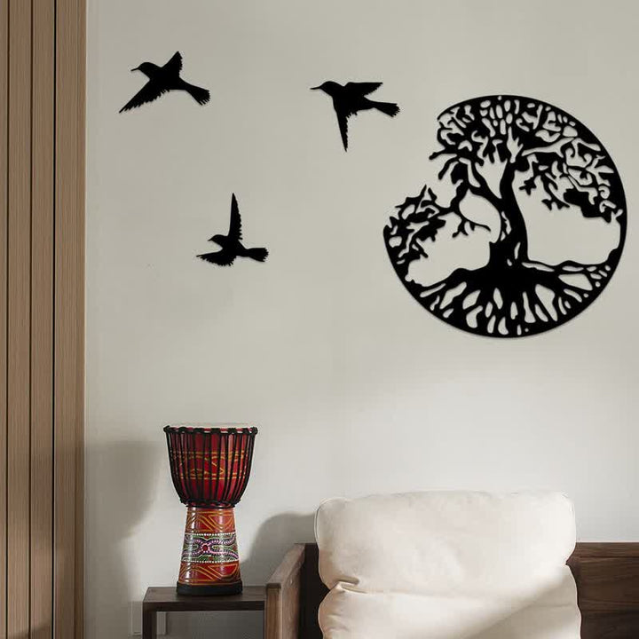 Decorazione da parete in metallo con albero della vita e tre uccelli