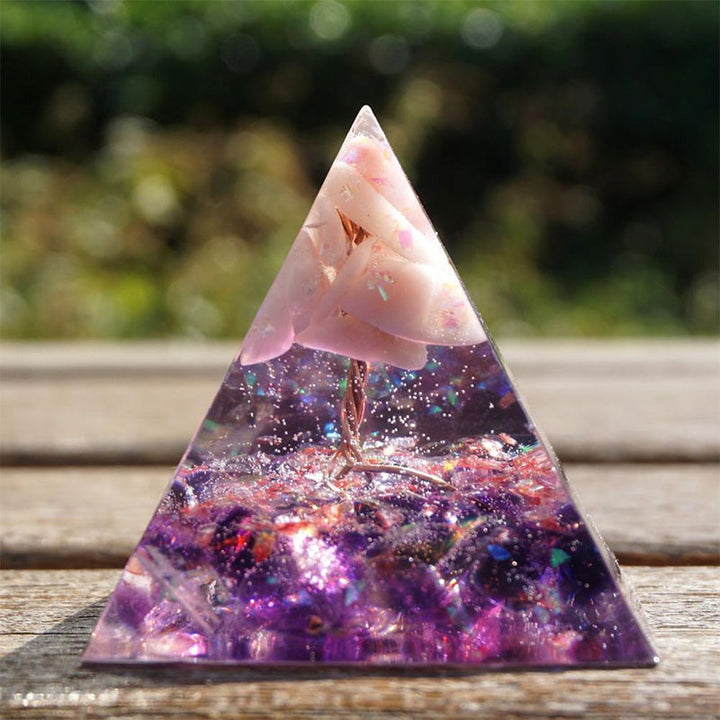 Olivenorma Albero della vita Piramide di orgone in opale rosa con ametista 