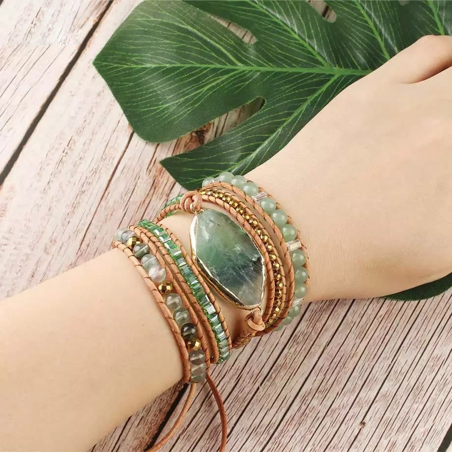 Olivenorma Bracciale intrecciato con perline di fluorite verde e prehnite 
