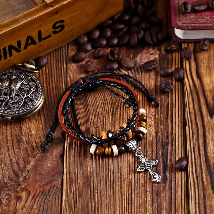 Olivenorma Bracciale da uomo in pelle intrecciata con ciondolo a forma di stella a croce