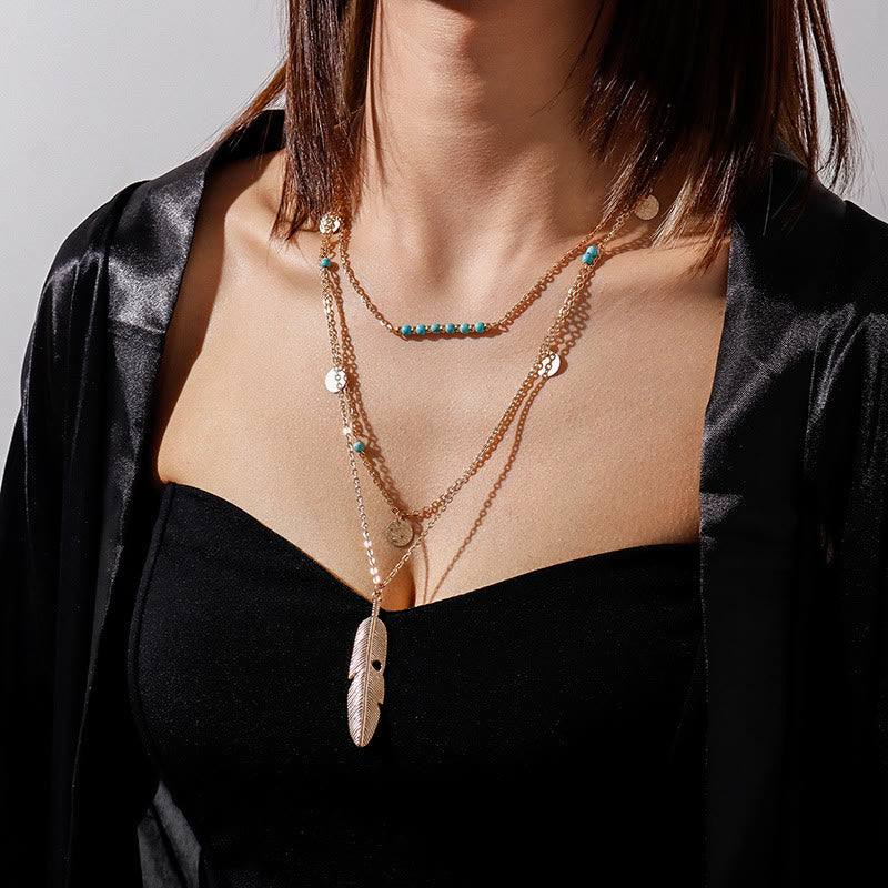 Collana a tre strati con ciondolo a foglia turchese Olivenorma