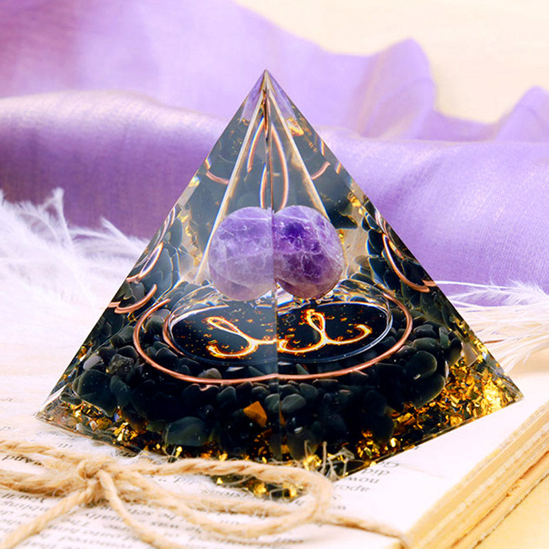 Sfera di ametista Olivenorma con piramide di orgone dello zodiaco Ariete in ossidiana 