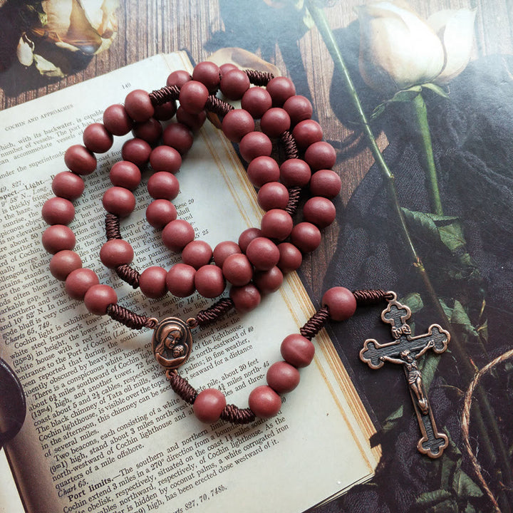 Olivenorma Collana Rosario Croce Perline Legno Rosso Marrone 10mm