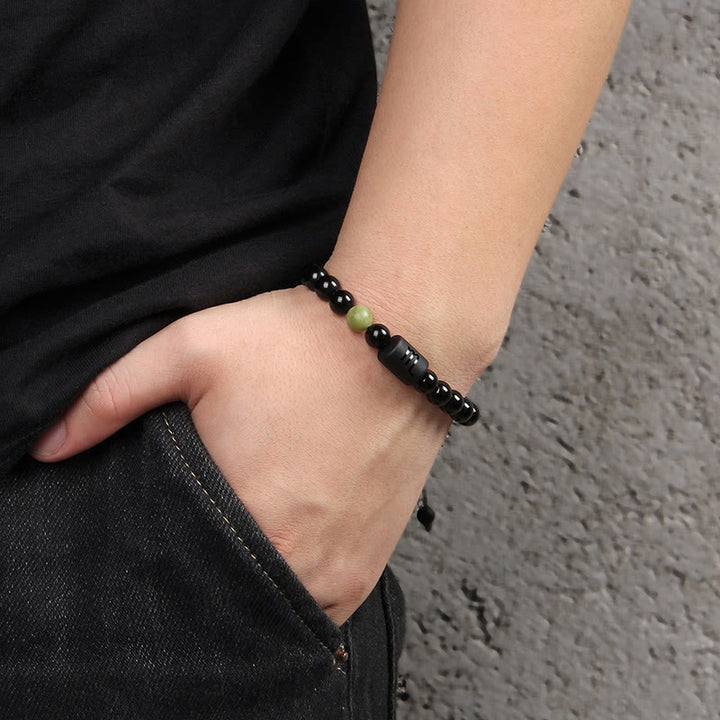 Olivenorma Bracciale intrecciato da uomo con zodiaco in onice nero naturale