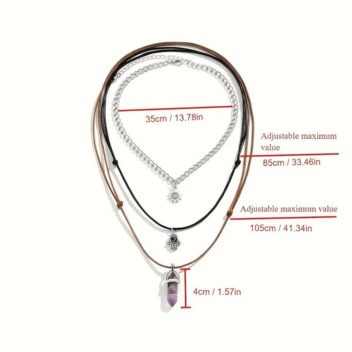 Set di collana Olivenorma multistrato retrò Hamsa Evil Eye e Sun Ametista Colonna 