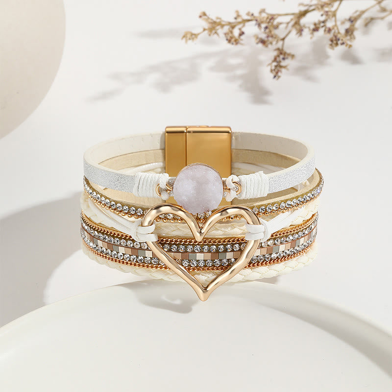 Olivenorma Bracciale in pelle intrecciata con cuore metallico e cristalli multicolori 