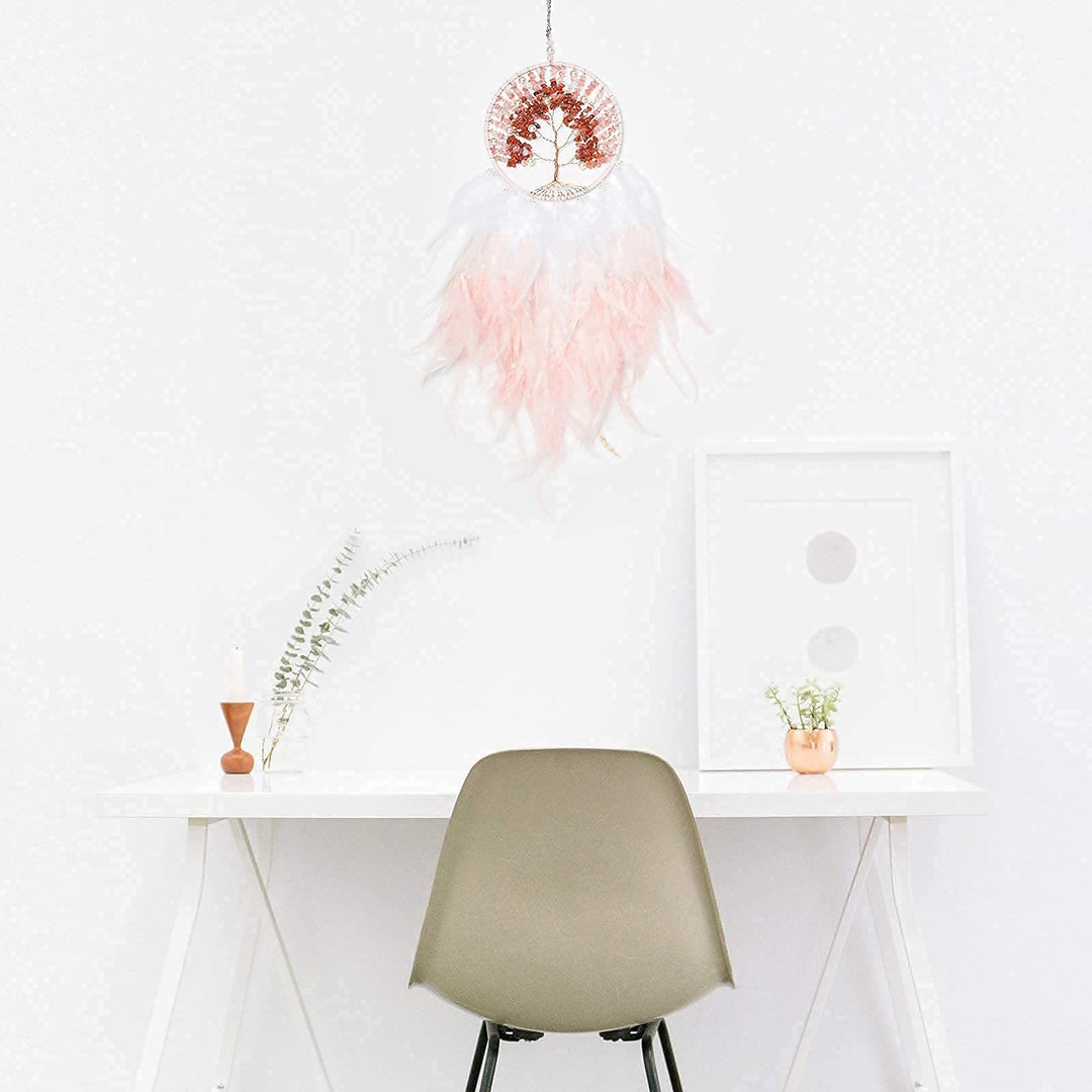 Olivenorma Crystal Tree of Life Acchiappasogni con piume rosa