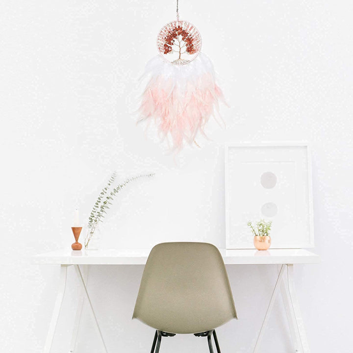 Olivenorma Crystal Tree of Life Acchiappasogni con piume rosa