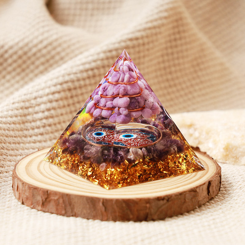 Piramide di protezione in orgone Hamsa con ametista Olivenorma e giada viola 