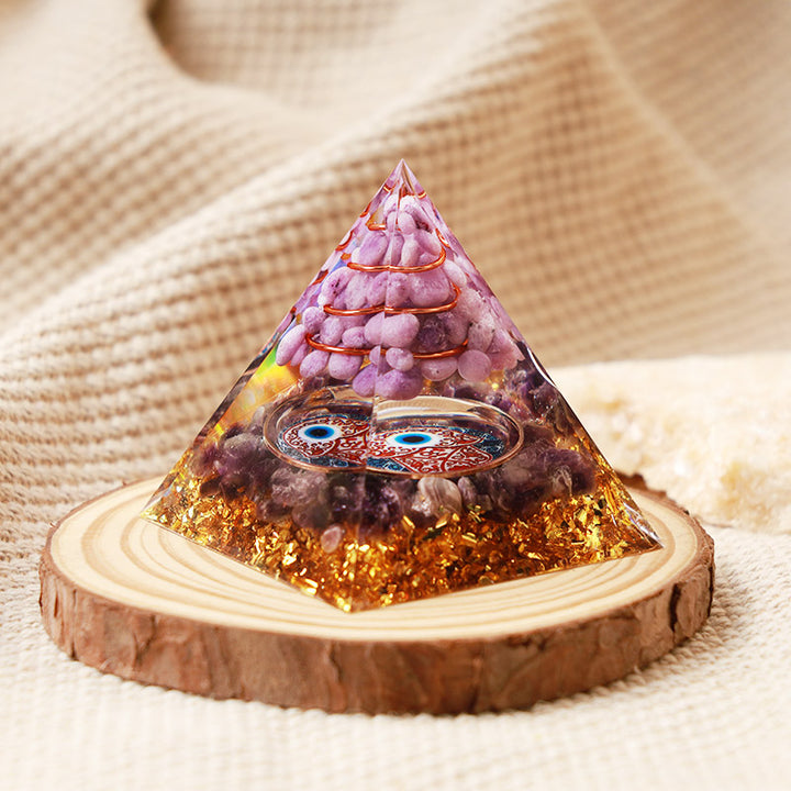Piramide di protezione in orgone Hamsa con ametista Olivenorma e giada viola 