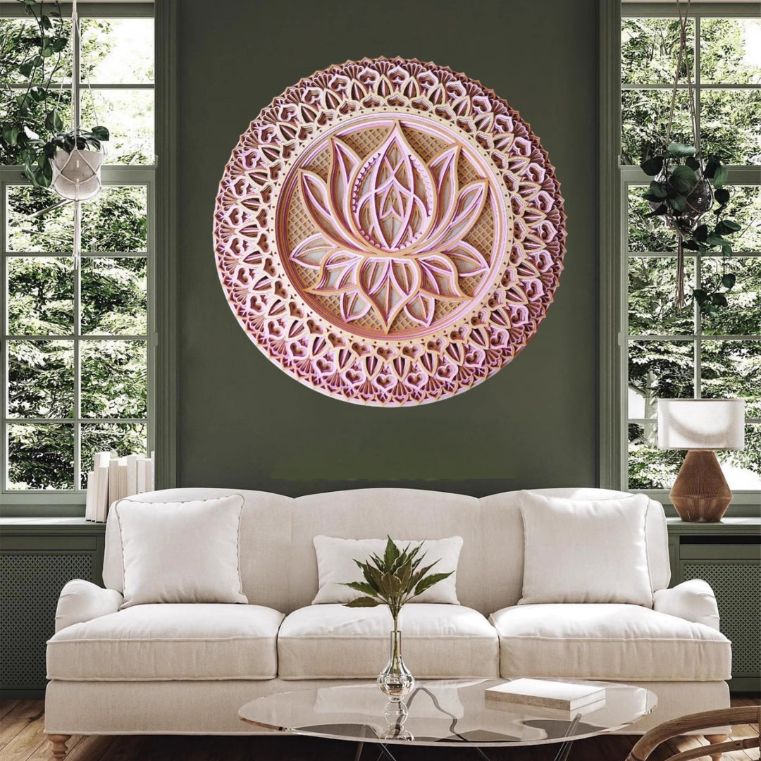 Olivenorma Decorazione murale con incisione 3D Mandala di loto rosa