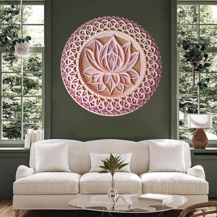 Olivenorma Decorazione murale con incisione 3D Mandala di loto rosa