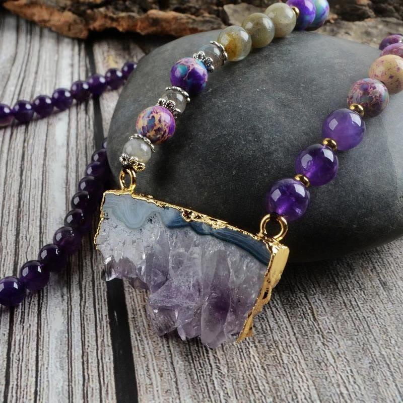 Collana di perline Mala in Labradorite imperatore, fluorite arcobaleno, ametista Olivenorma