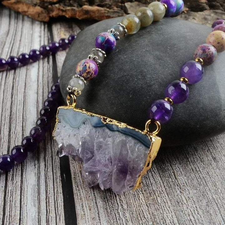 Collana di perline Mala in Labradorite imperatore, fluorite arcobaleno, ametista Olivenorma