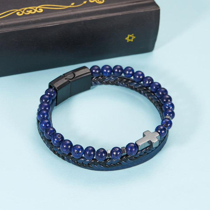 Bracciale da uomo in pelle intrecciata con perline di pietra naturale Olivenorma