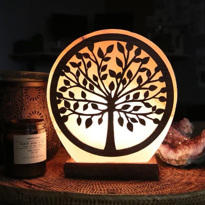 Olivenorma Circle Albero della vita Lampada di sale rosa dell'Himalaya