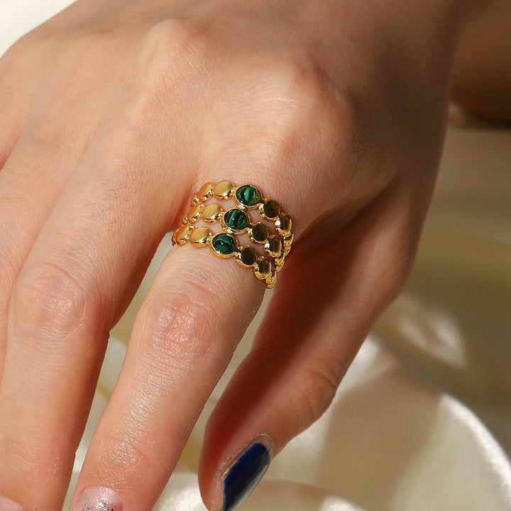 Olivenorma Anello aperto in malachite naturale verde oro