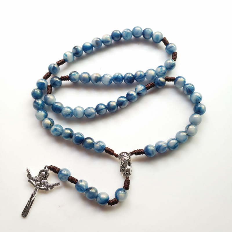 Collana rosario con croce di Gesù in pietra occhio di gatto blu Olivenorma
