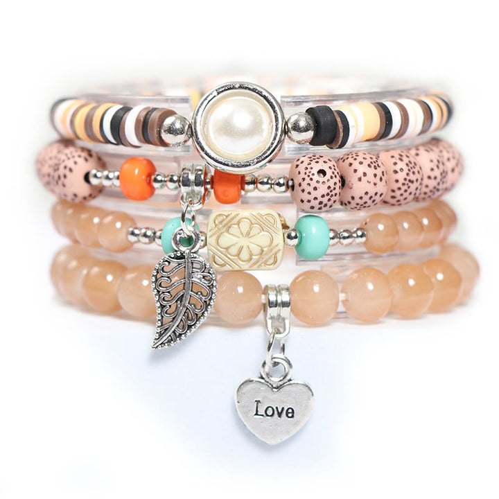 Set di braccialetti di perle con ciondolo a forma di cuore e foglia Olivenorma