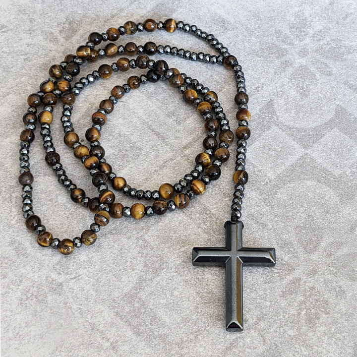 Collana rosario da uomo con croce in lapislazzuli e occhio di tigre Olivenorma