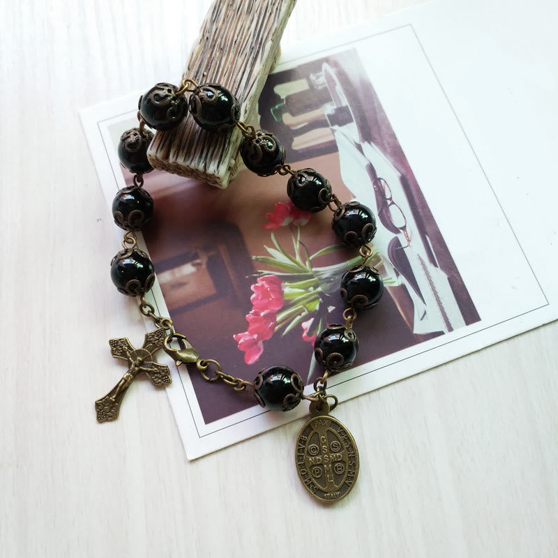 Olivenorma Ossidiana Medaglia Sacra Croce Pendente Rosario Bracciale 