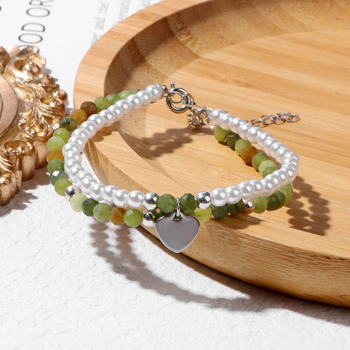 Olivenorma Bracciale Doppio Strato con Ciondolo a Cuore in Perla e Pietra Sfaccettata