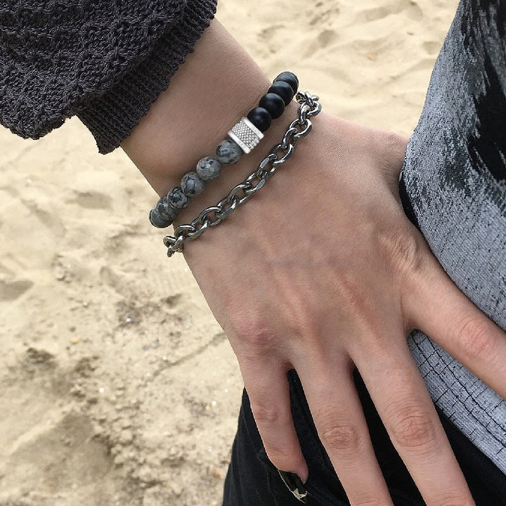 Olivenorma Punk Braccialetto da uomo con combinazione di pietre smerigliate e forma geometrica