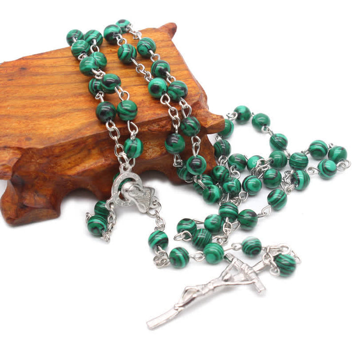 Collana rosario con croce in malachite naturale Olivenorma