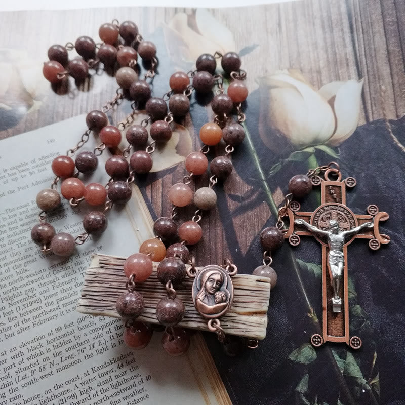 Collana rosario con ciondolo a croce in rame e avventurina viola Olivenorma