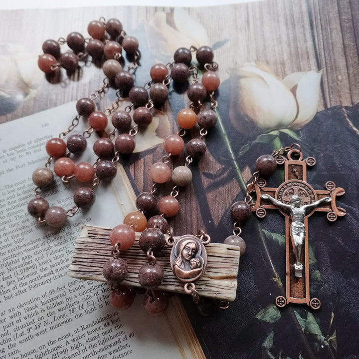 Collana rosario con ciondolo a croce in rame e avventurina viola Olivenorma