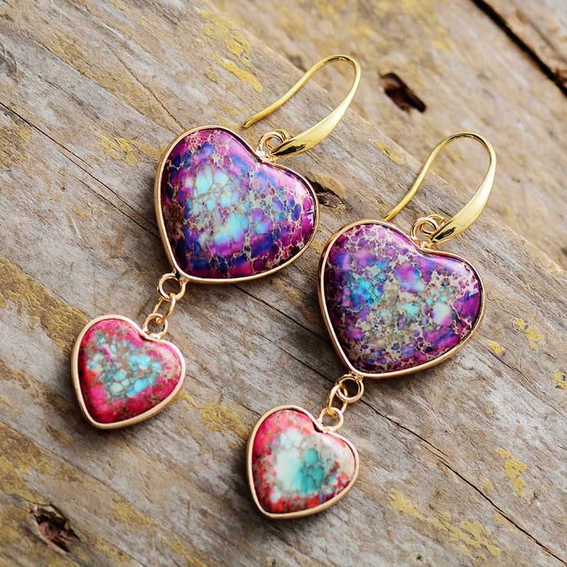Olivenorma orecchini pendenti a doppio cuore in pietra dell'imperatore viola e rosso rosa