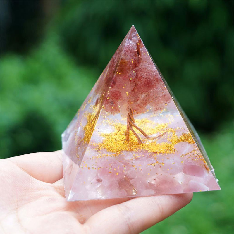 Olivenorma Albero della Vita Quarzo Fragola con Piramide Orgonica in Quarzo Rosa 