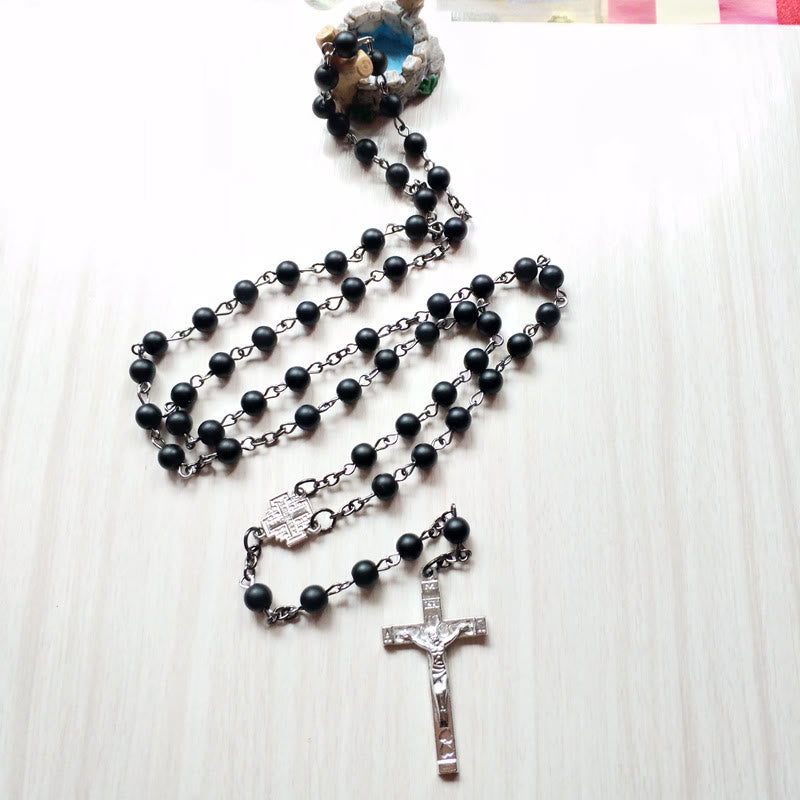 Collana rosario con croce in onice nero spazzolato Olivenorma