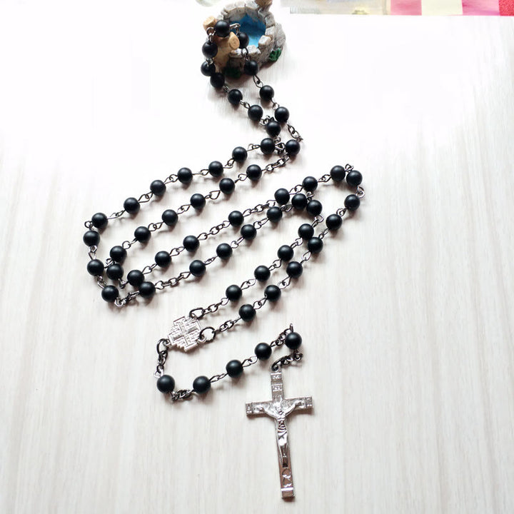 Collana rosario con croce in onice nero spazzolato Olivenorma